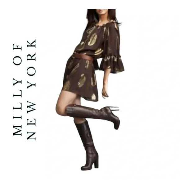 1497. MILLY OF NEW YORK FEATHER MINI LENGTH DRESS BROWN/METALLIC‎ GOLD IN COLOR - Picture 1 of 9